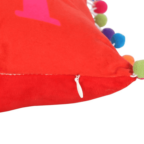 Red Holly Jolly Cushion with Pom Poms - View 3